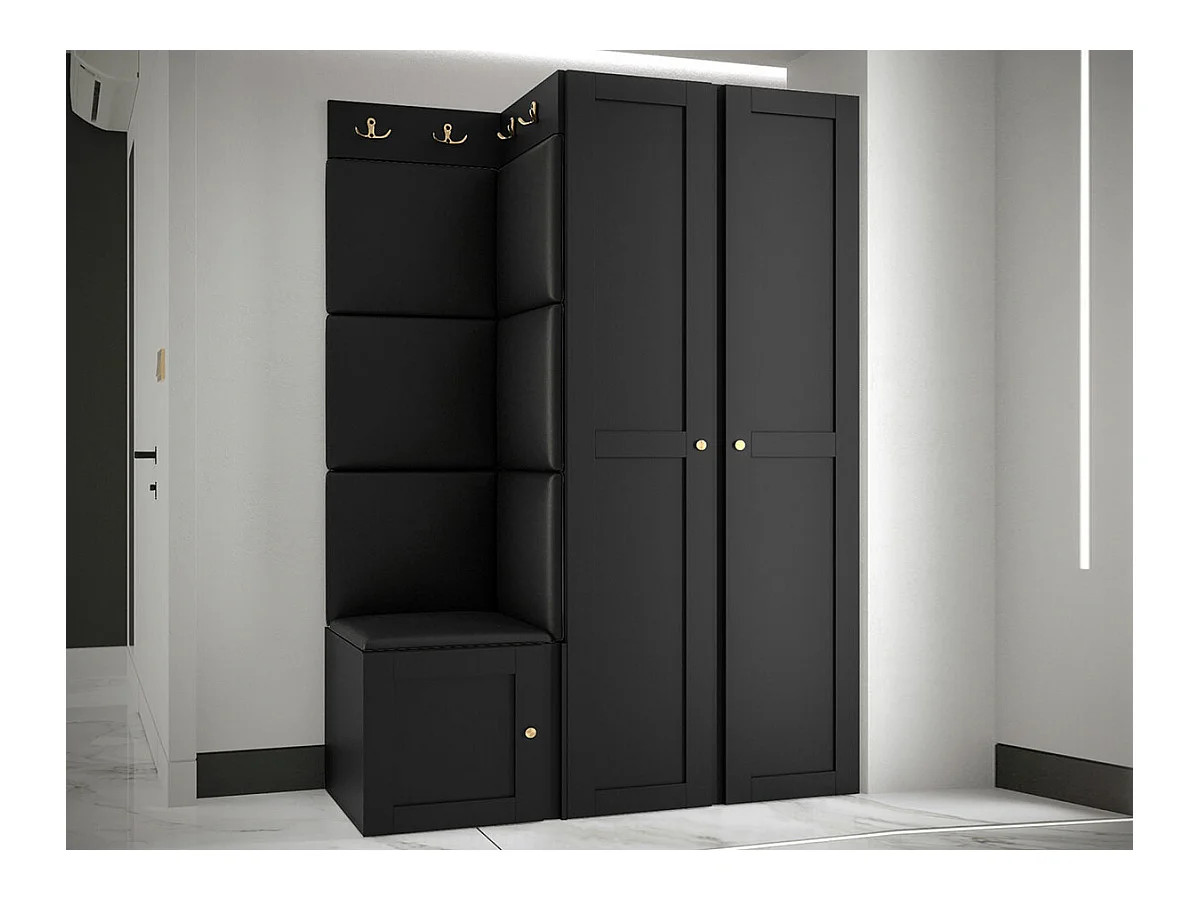 Meuble d'entrée Hartford 379, 186x116x46cm, Noir, Stratifié|Faux cuir|MDF