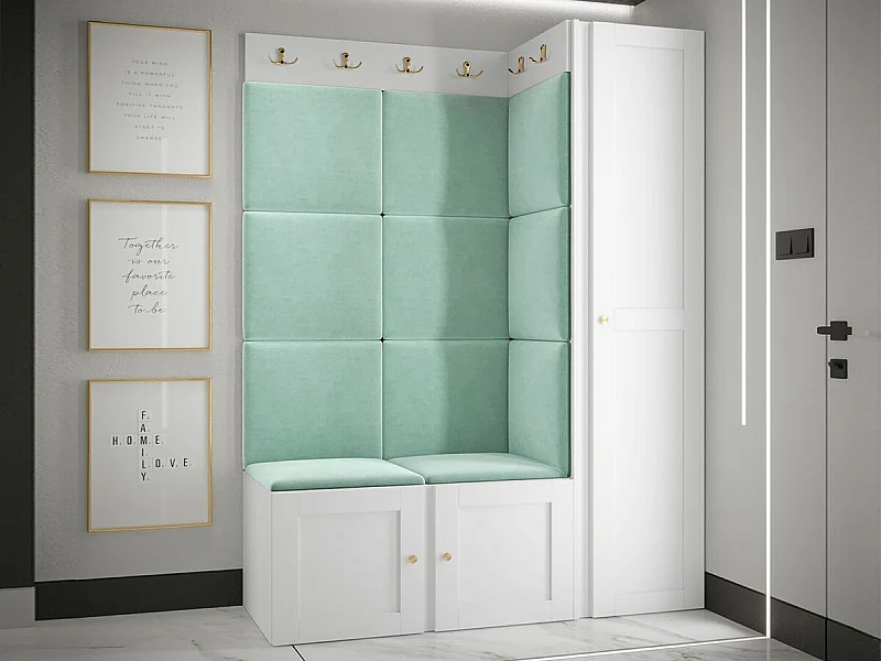 Meuble d'entrée Hartford 377, 186x124x46cm, Blanc|Turquoise, MDF|Stratifié|Tissu