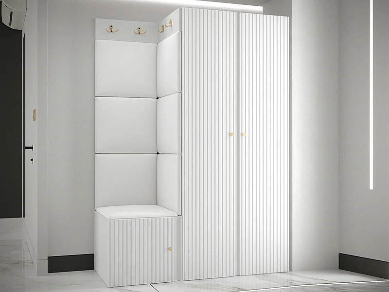 Meuble d'entrée Hartford 387, 186x116x46cm, Blanc, MDF|Stratifié|Faux cuir