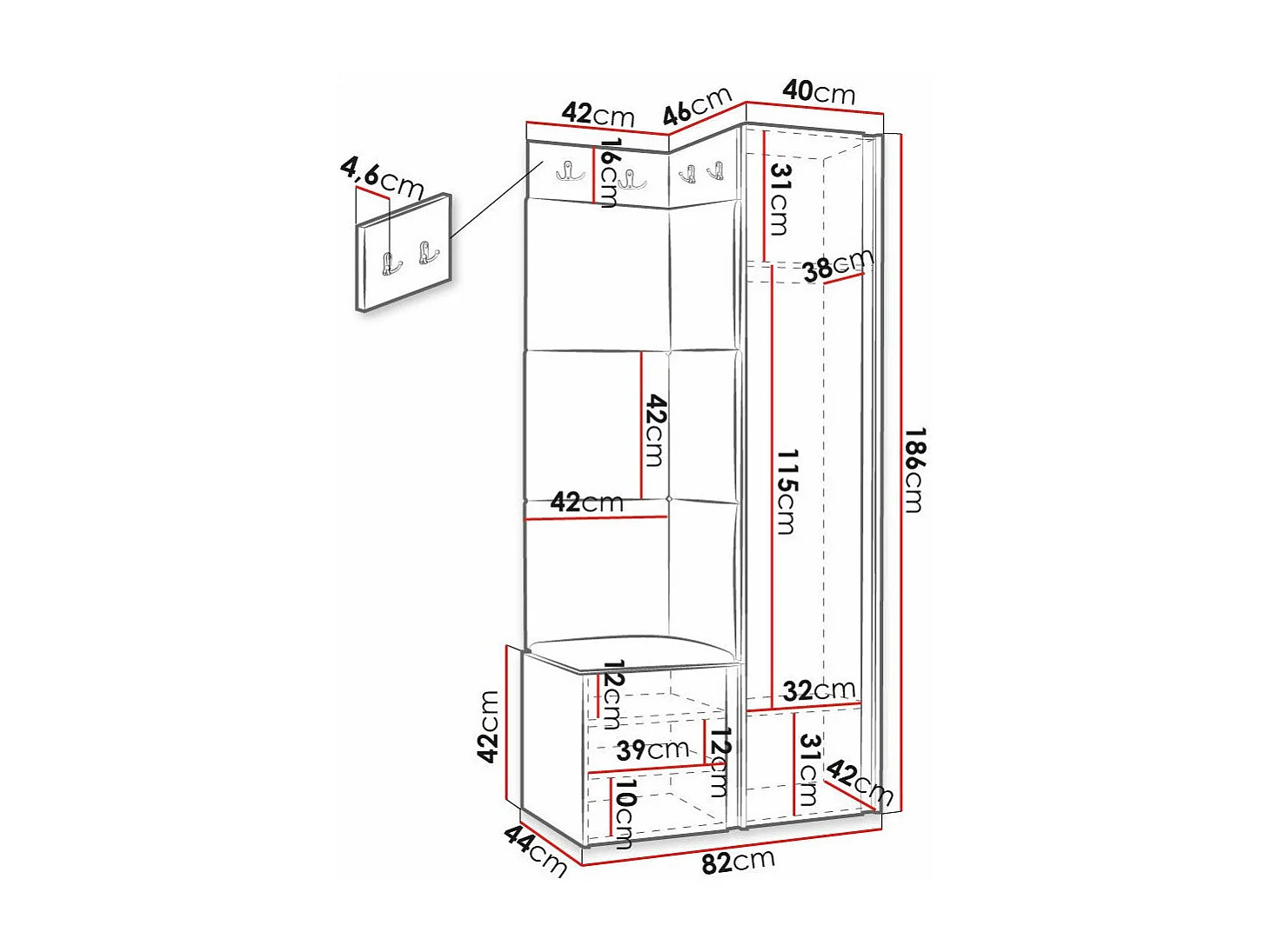Conjunto pasillo Hartford 381, 186x82x46cm, Rosa|Negro, MDF|Aglomerado laminado|Tapiz