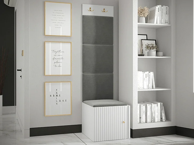 Meuble d'entrée Hartford 386, 186x42x46cm, Blanc|Gris, MDF|Stratifié|Tissu