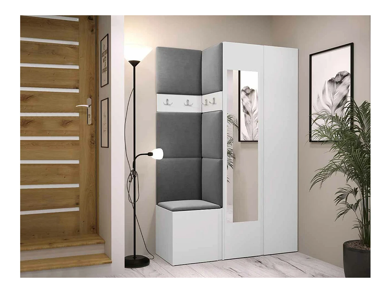 Set mobili da ingresso Hartford 350, 186x116x44cm, Specchio, Bianco