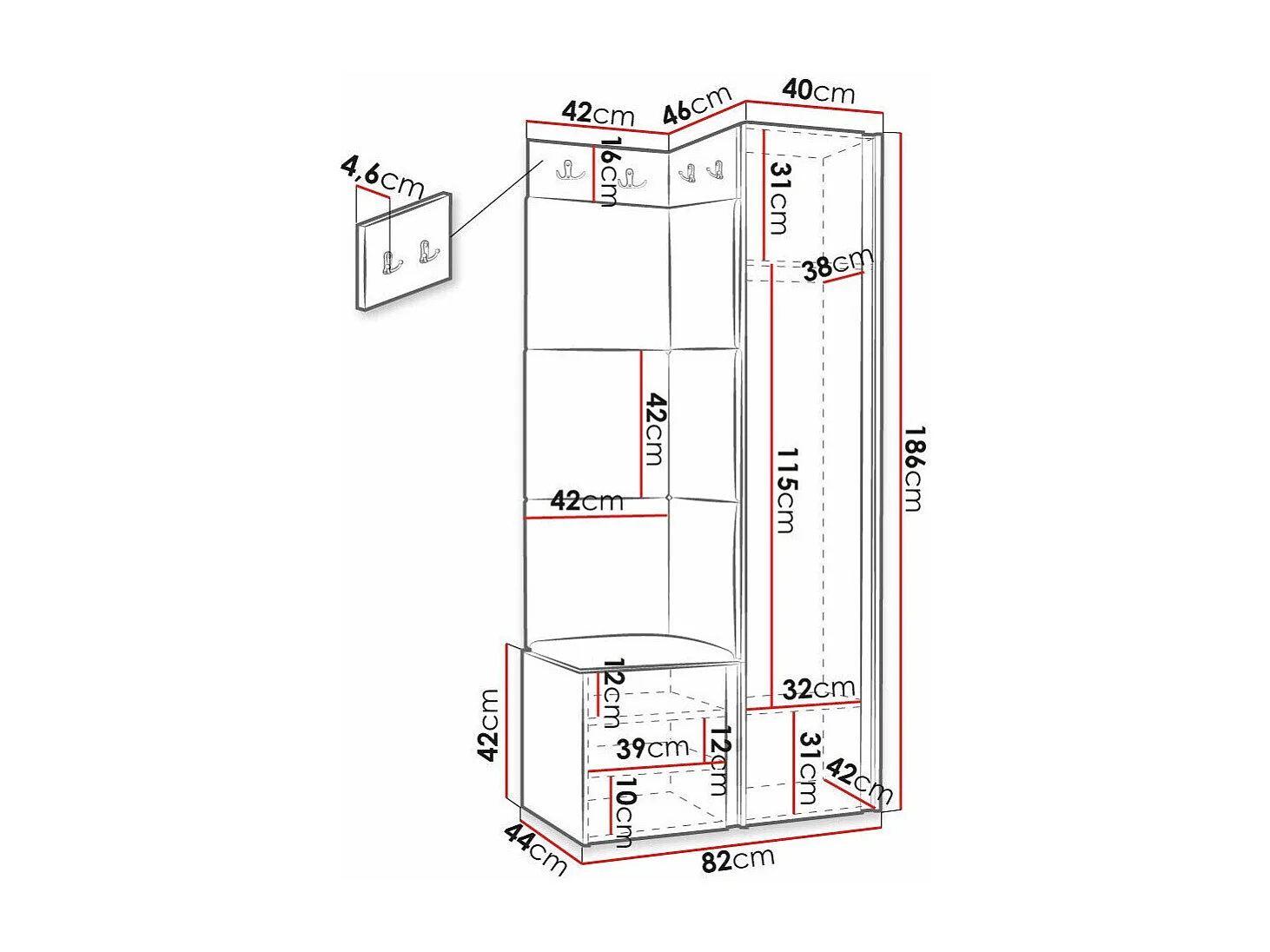 Meuble d'entrée Hartford 391, 186x82x46cm, Disponible, Noir|Bleu, Stratifié|Tissu|MDF