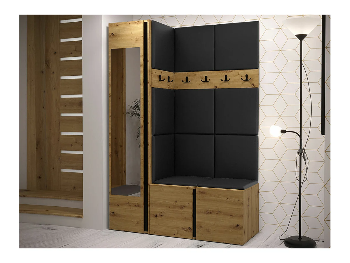 Meuble d'entrée Hartford 277, 186x124x46cm, Miroir, Chêne Artisan, Stratifié|Faux cuir