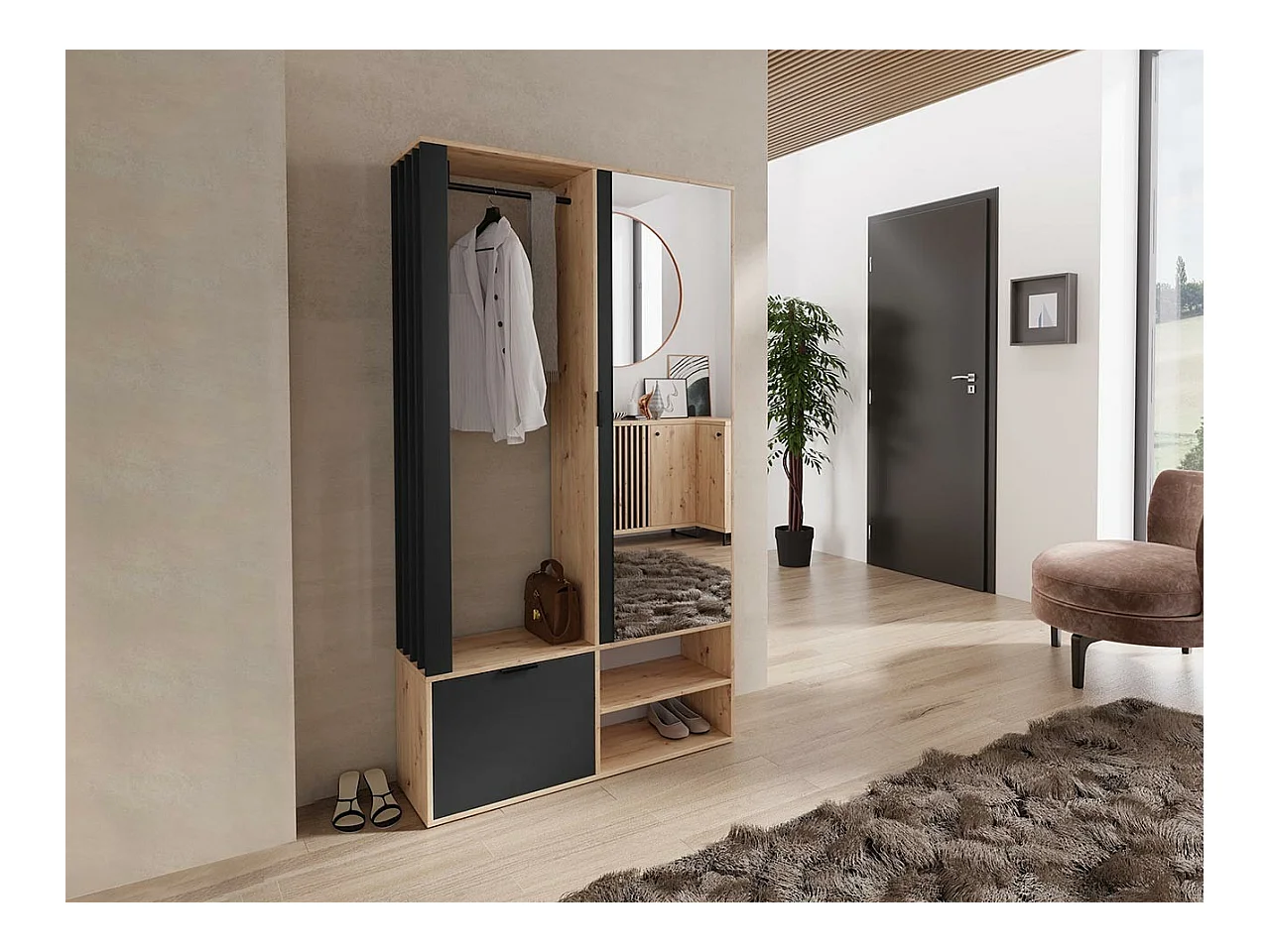 Meuble d'entrée Stanton 145, 190x100x33cm, Miroir, Noir|Chêne Artisan, Stratifié, À poser
