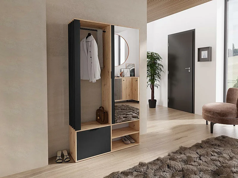 Meuble d'entrée Stanton 145, 190x100x33cm, Disponible, Chêne Artisan|Noir, Stratifié