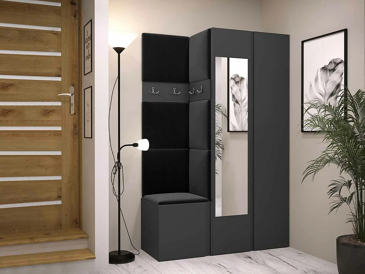 Meuble d'entrée Hartford 350, 186x116x44cm, Disponible, Graphite, Stratifié|Tissu