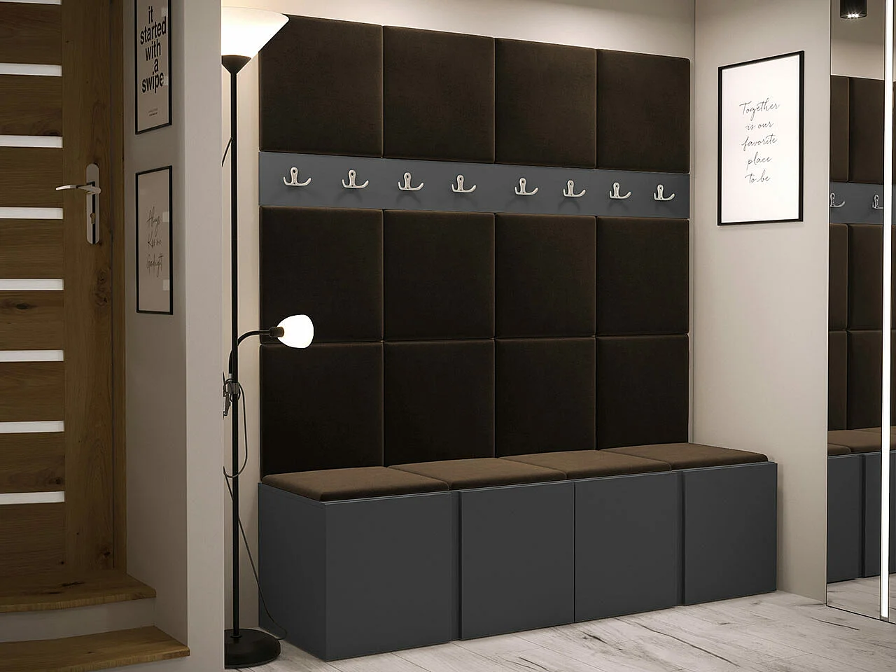 Meuble d'entrée Hartford 268, 186x168x46cm, Graphite|Marron, Tissu|Stratifié