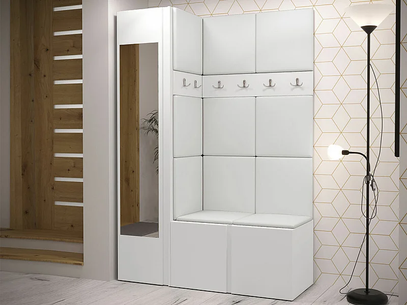 Meuble d'entrée Hartford 277, 186x124x46cm, Miroir, Blanc, Faux cuir|Stratifié