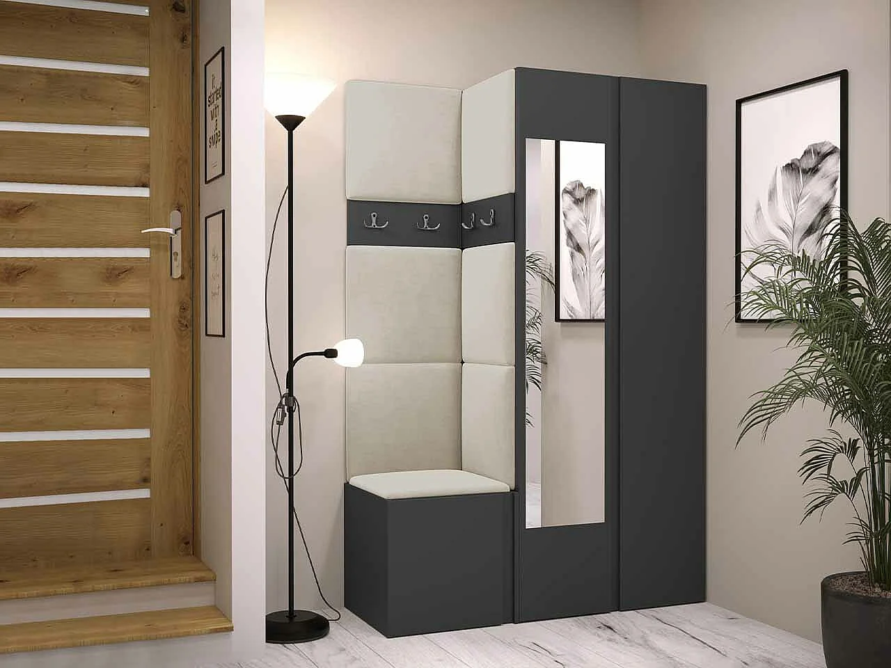 Meuble d'entrée Hartford 350, 186x116x44cm, Disponible, Graphite, Stratifié|Tissu