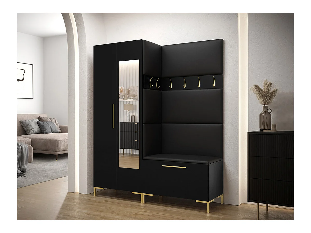 Meuble d'entrée Tivsoa 107, 196x158x46cm, Miroir, Noir, Faux cuir|Stratifié