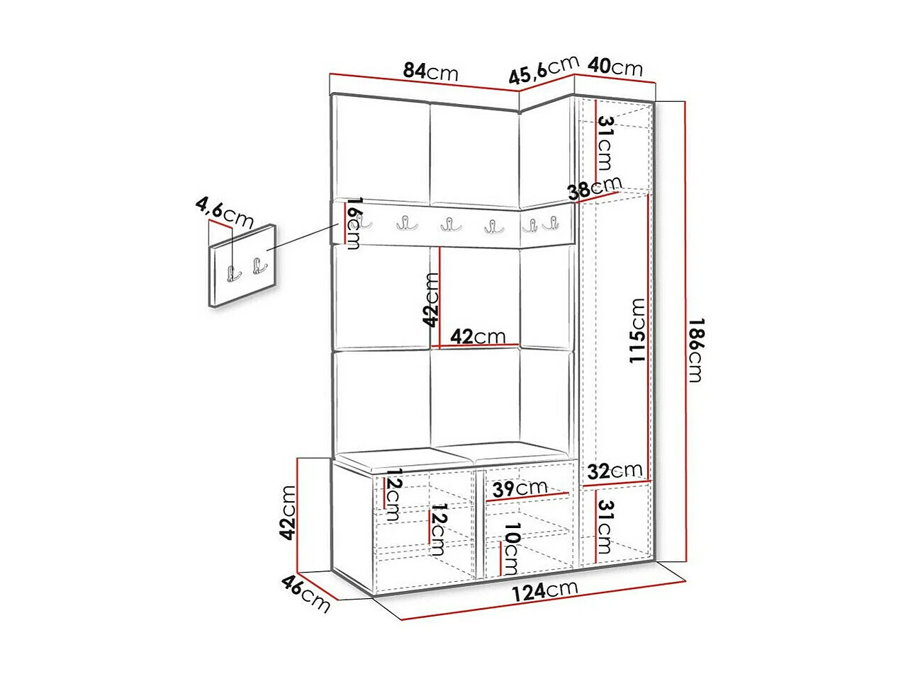 Conjunto pasillo Hartford 471, 186x124x44cm, Roble Artisan, Colocada|Montada en la pared