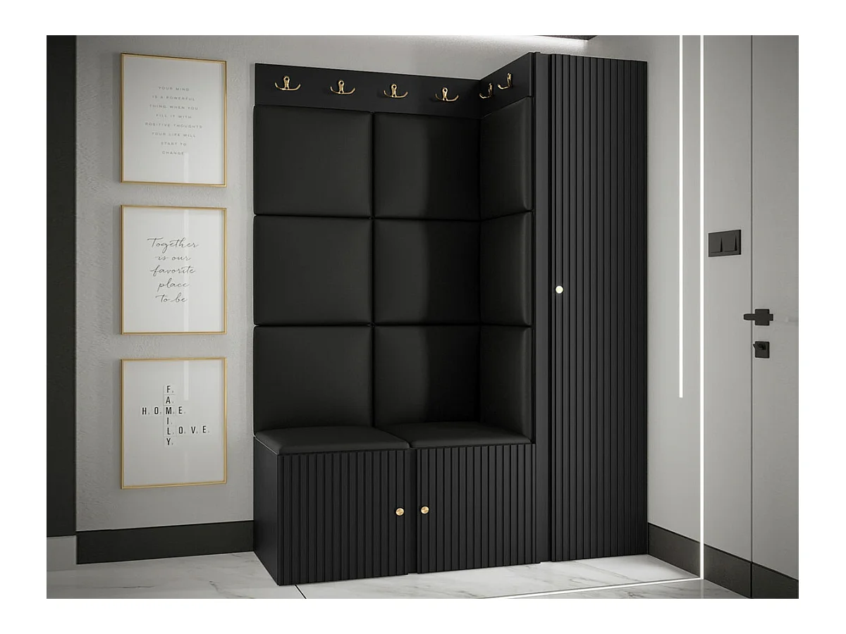Meuble d'entrée Hartford 385, 186x124x46cm, Noir, Stratifié|Faux cuir|MDF