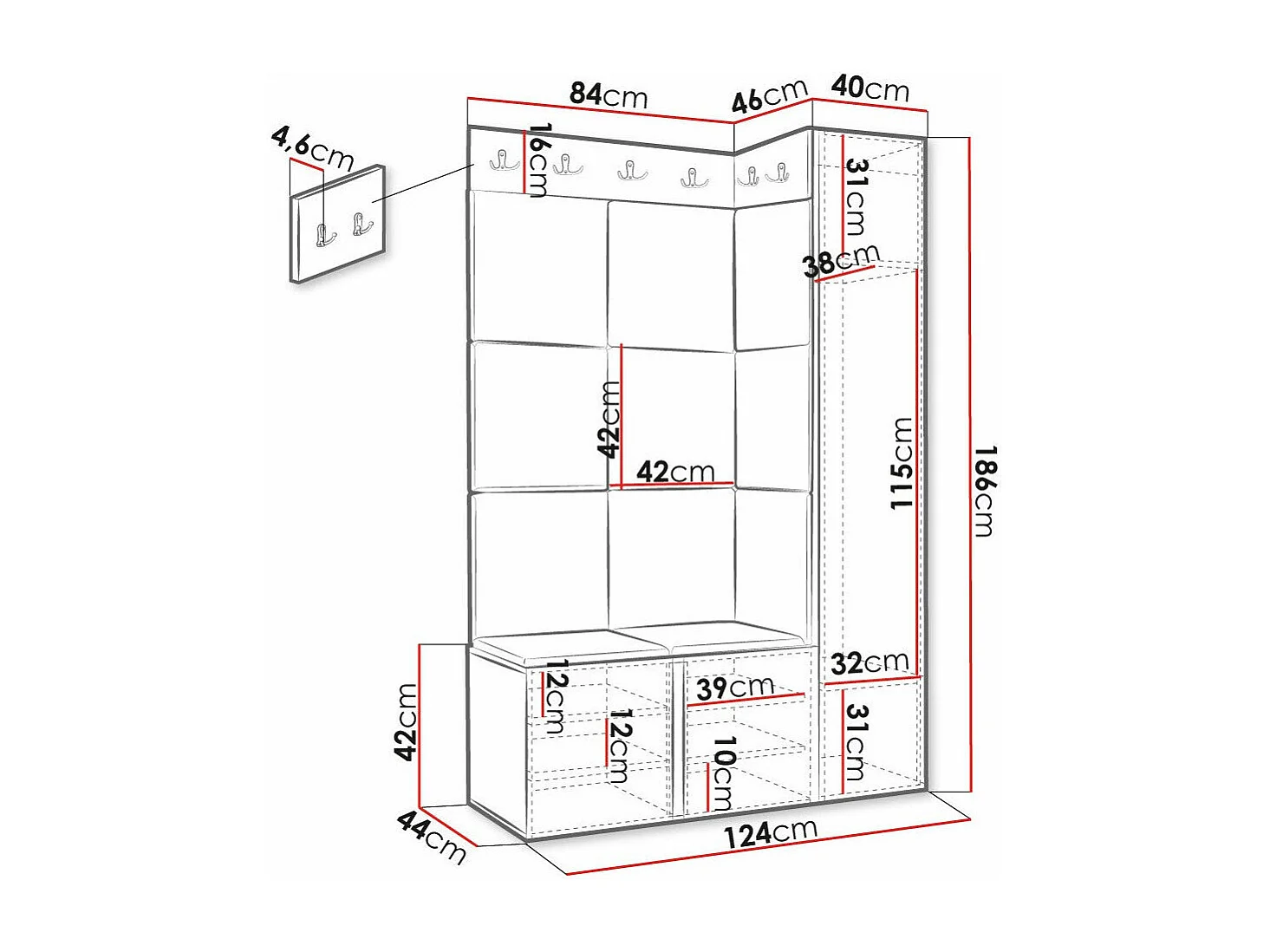 Meuble d'entrée Hartford 385, 186x124x46cm, Noir, MDF|Stratifié|Faux cuir, À poser|Murale