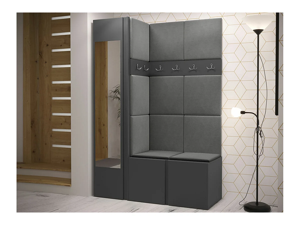 Meuble d'entrée Hartford 277, 186x124x46cm, Miroir, Graphite, Stratifié|Tapisserie