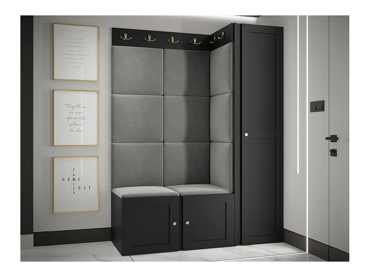 Meuble d'entrée Hartford 377, 186x124x46cm, Gris|Noir, Stratifié|Tapisserie|MDF