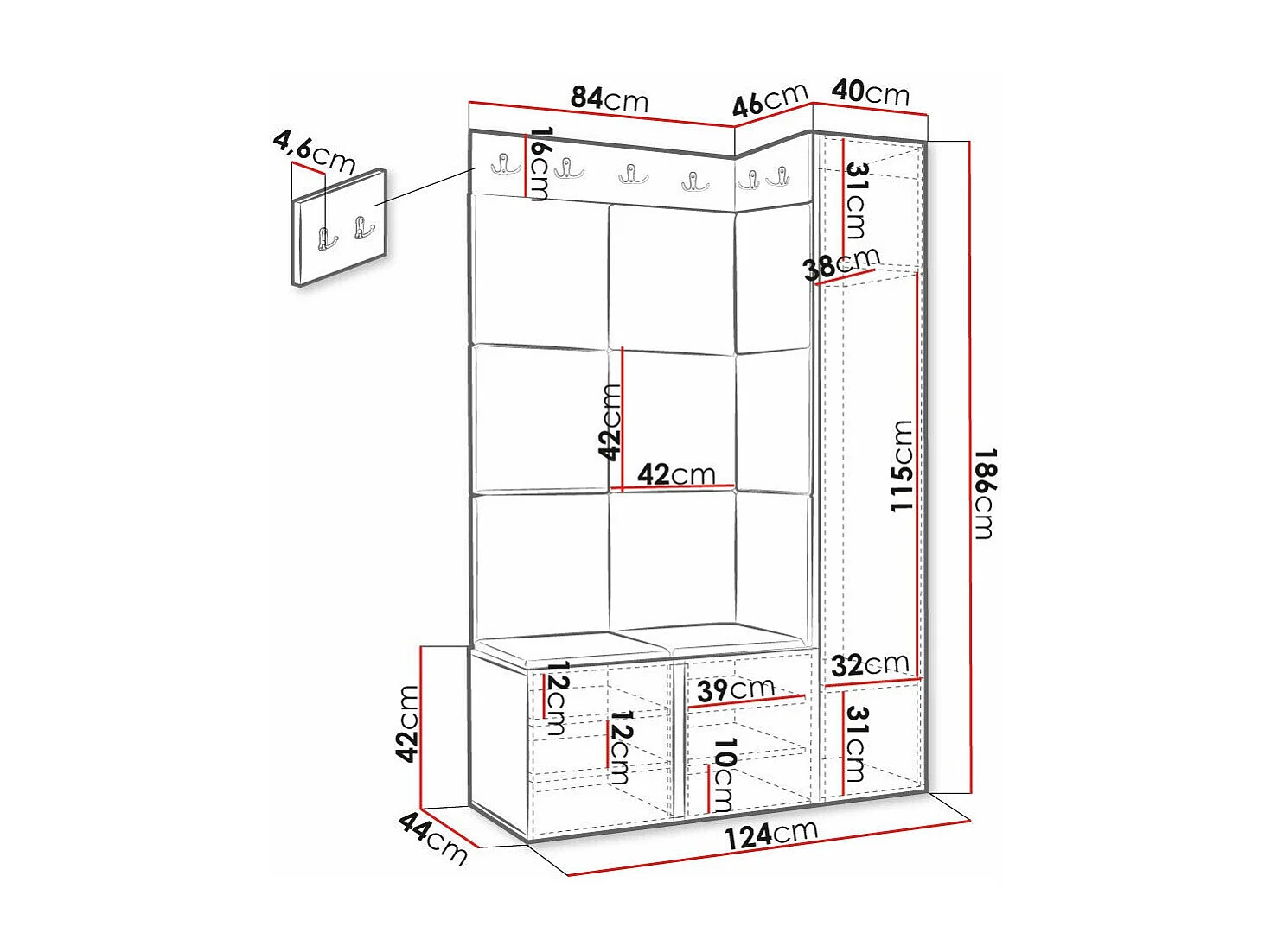 Meuble d'entrée Hartford 377, 186x124x46cm, Gris|Noir, Stratifié|Tissu|MDF