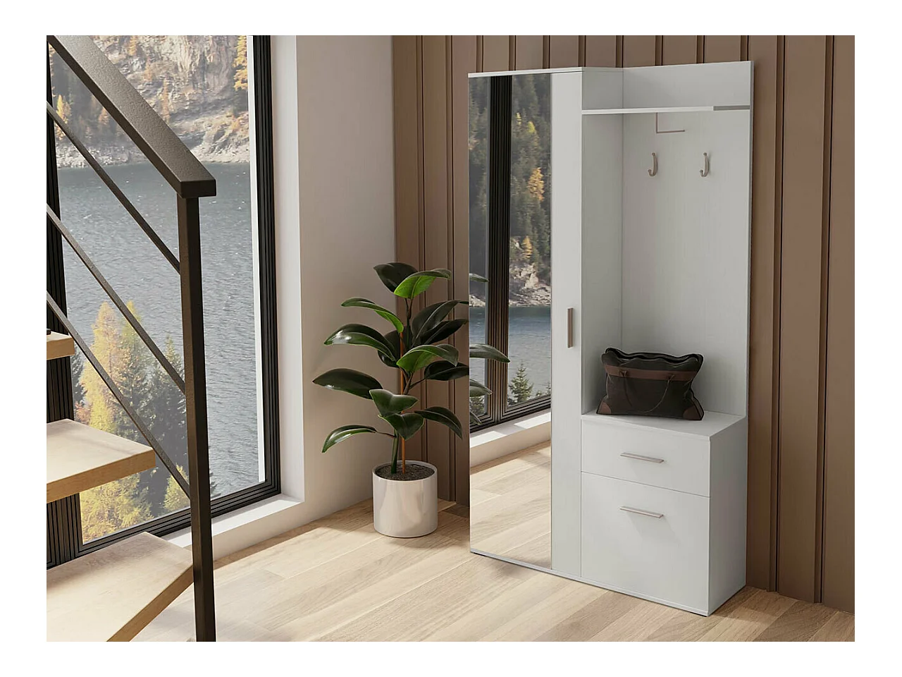 Conjunto pasillo Stanton 103, 195x97x30cm, Espejo, Blanco, Aglomerado laminado, Colocada