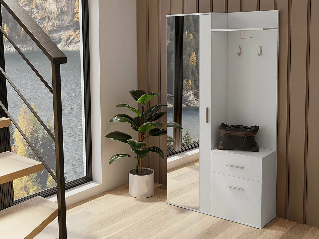 Conjunto pasillo Stanton 103, 195x97x30cm, Espejo, Blanco, Aglomerado laminado, Colocada