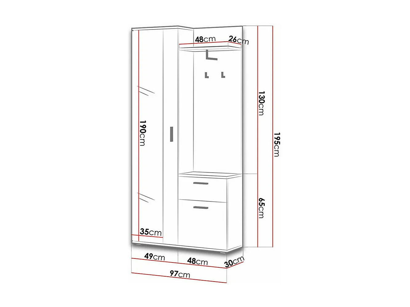 Conjunto pasillo Stanton 103, 195x97x30cm, Espejo, Blanco, Aglomerado laminado, Colocada