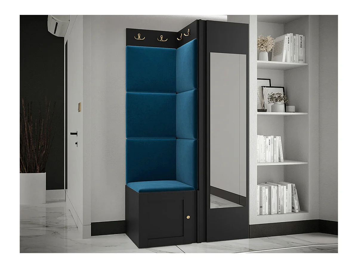 Meuble d'entrée Hartford 382, 186x82x46cm, Miroir, Noir|Bleu, Tapisserie|MDF|Stratifié