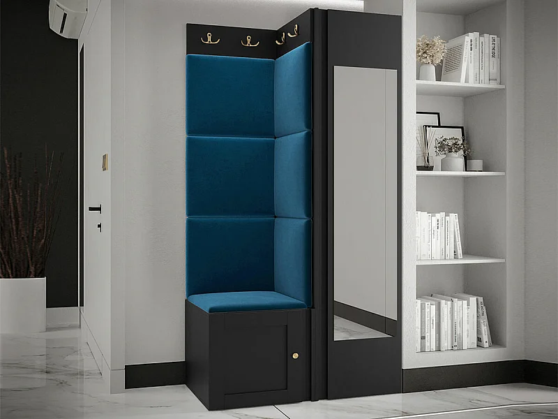 Meuble d'entrée Hartford 382, 186x82x46cm, Disponible, Noir|Bleu, Stratifié|Tissu|MDF