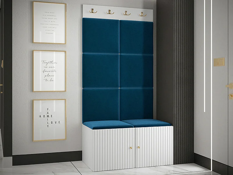 Meuble d'entrée Hartford 383, 186x84x46cm, Blanc|Bleu, Stratifié|Tissu|MDF