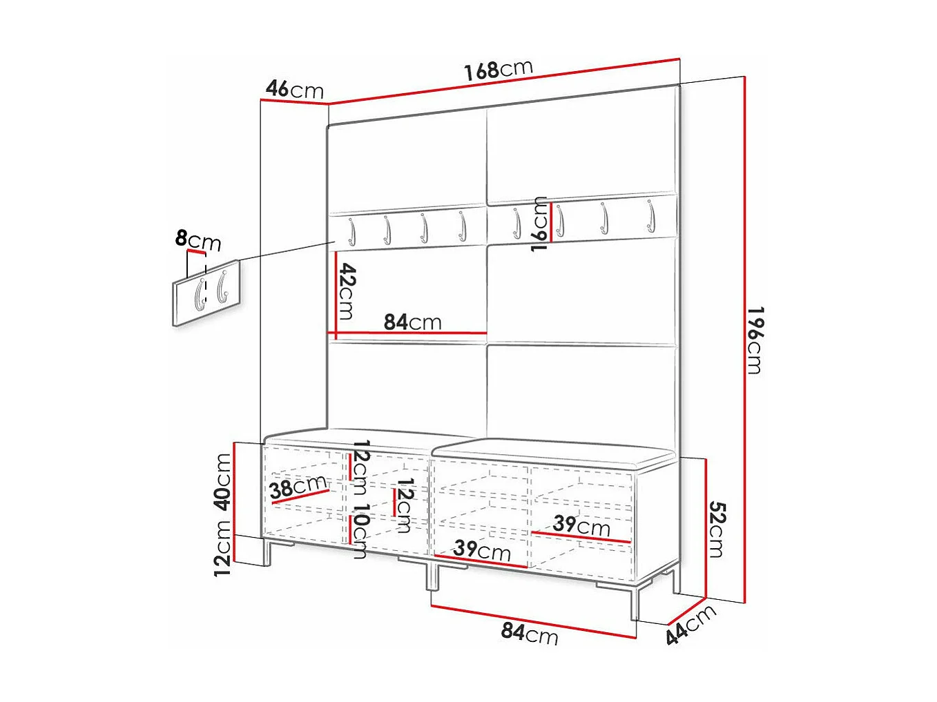 Conjunto pasillo Hartford F101, 196x168x46cm, Negro, Tapiz|Aglomerado laminado