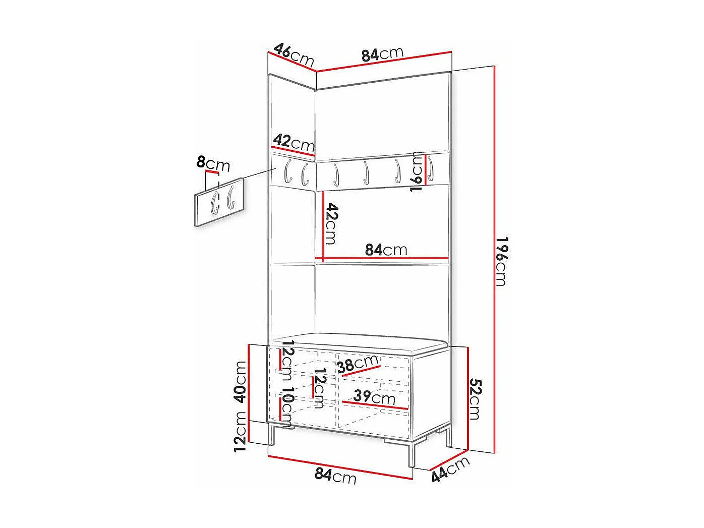 Conjunto pasillo Hartford F103, 196x84x46cm, Negro, Tapiz|Aglomerado laminado