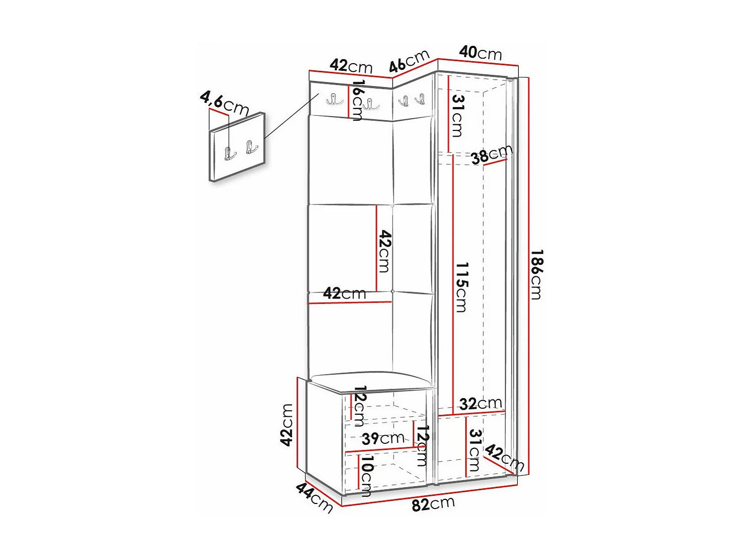 Conjunto pasillo Hartford 390, 186x82x46cm, Negro, MDF|Aglomerado laminado|Tapiz