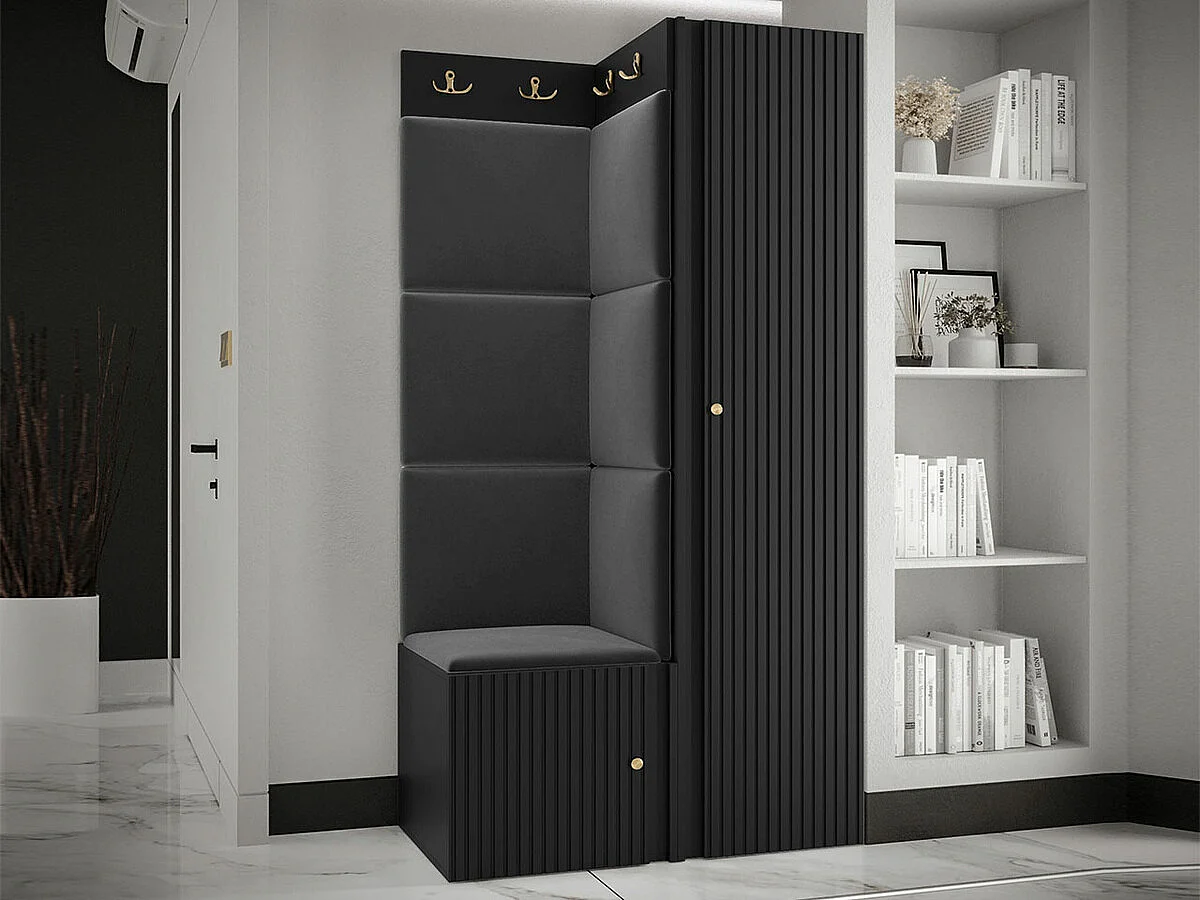 Meuble d'entrée Hartford 390, 186x82x46cm, Noir, MDF|Stratifié|Tissu, À poser|Murale