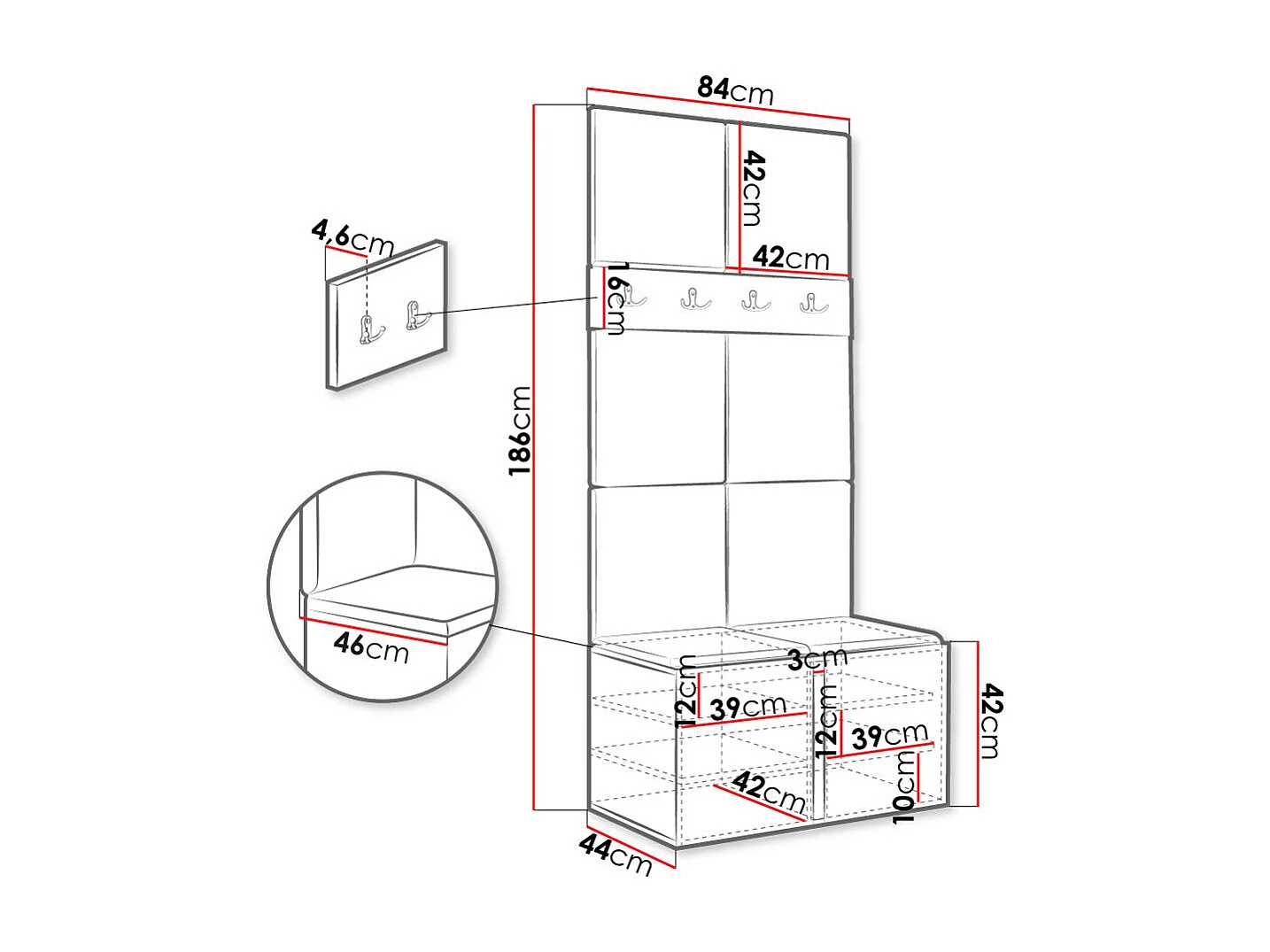 Conjunto pasillo Hartford 267, 186x84x46cm, Grafito, Aglomerado laminado