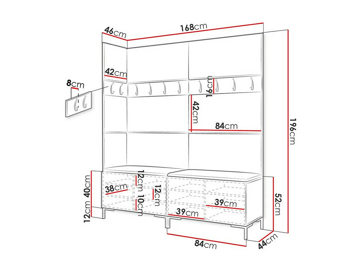 Meuble d'entrée Tivsoa 104, 196x168x46cm, Noir, Stratifié|Tissu, À poser|Murale