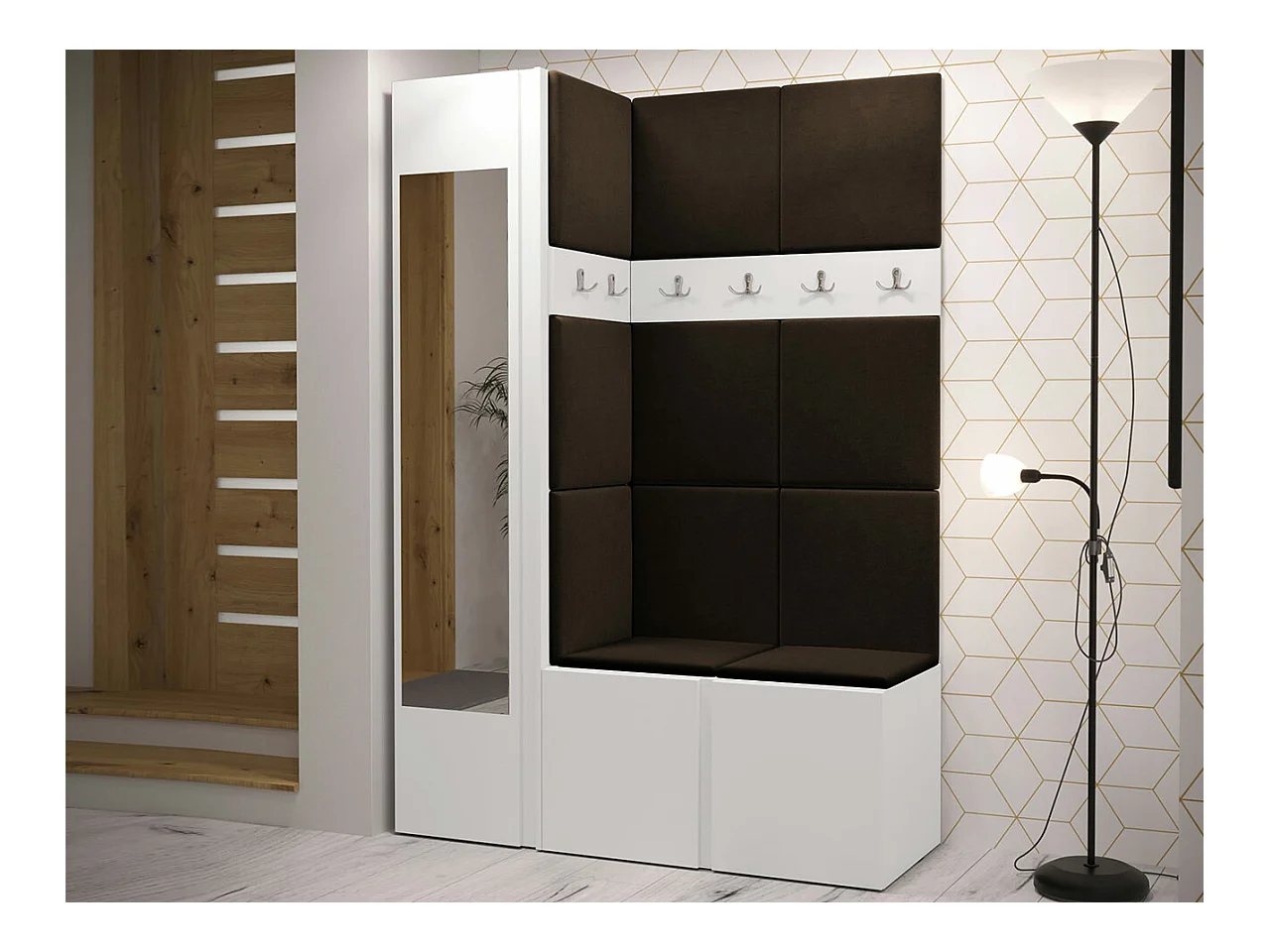 Meuble d'entrée Hartford 277, 186x124x46cm, Miroir, Marron|Blanc, Stratifié|Tapisserie