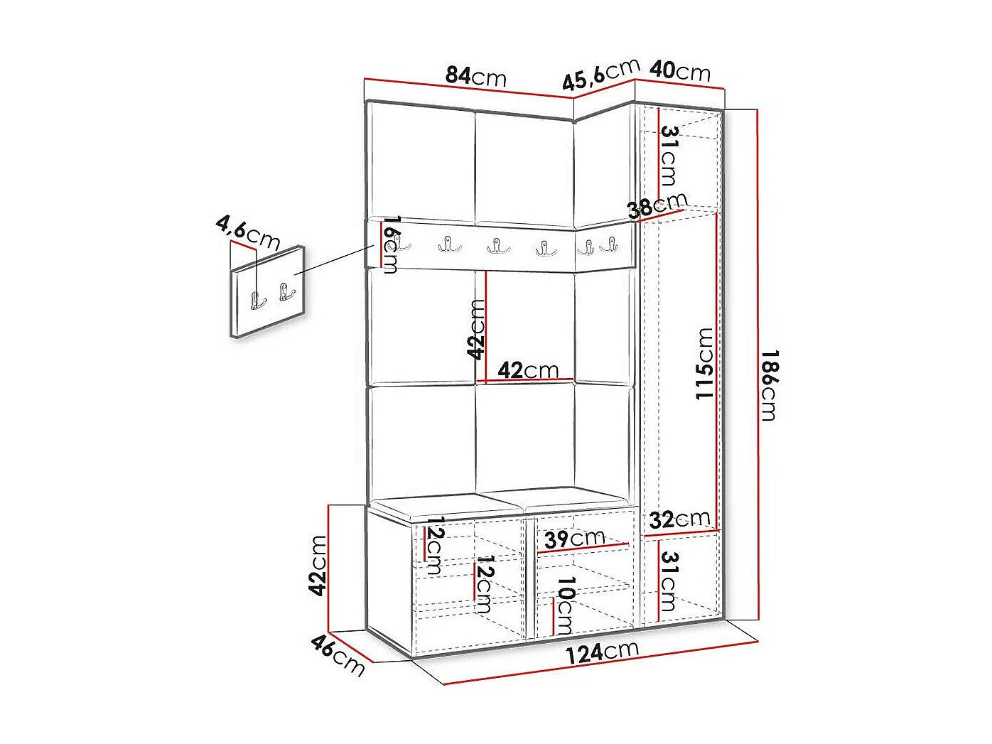 Meuble d'entrée Hartford 277, 186x124x46cm, Disponible, Blanc|Marron, Tissu|Stratifié