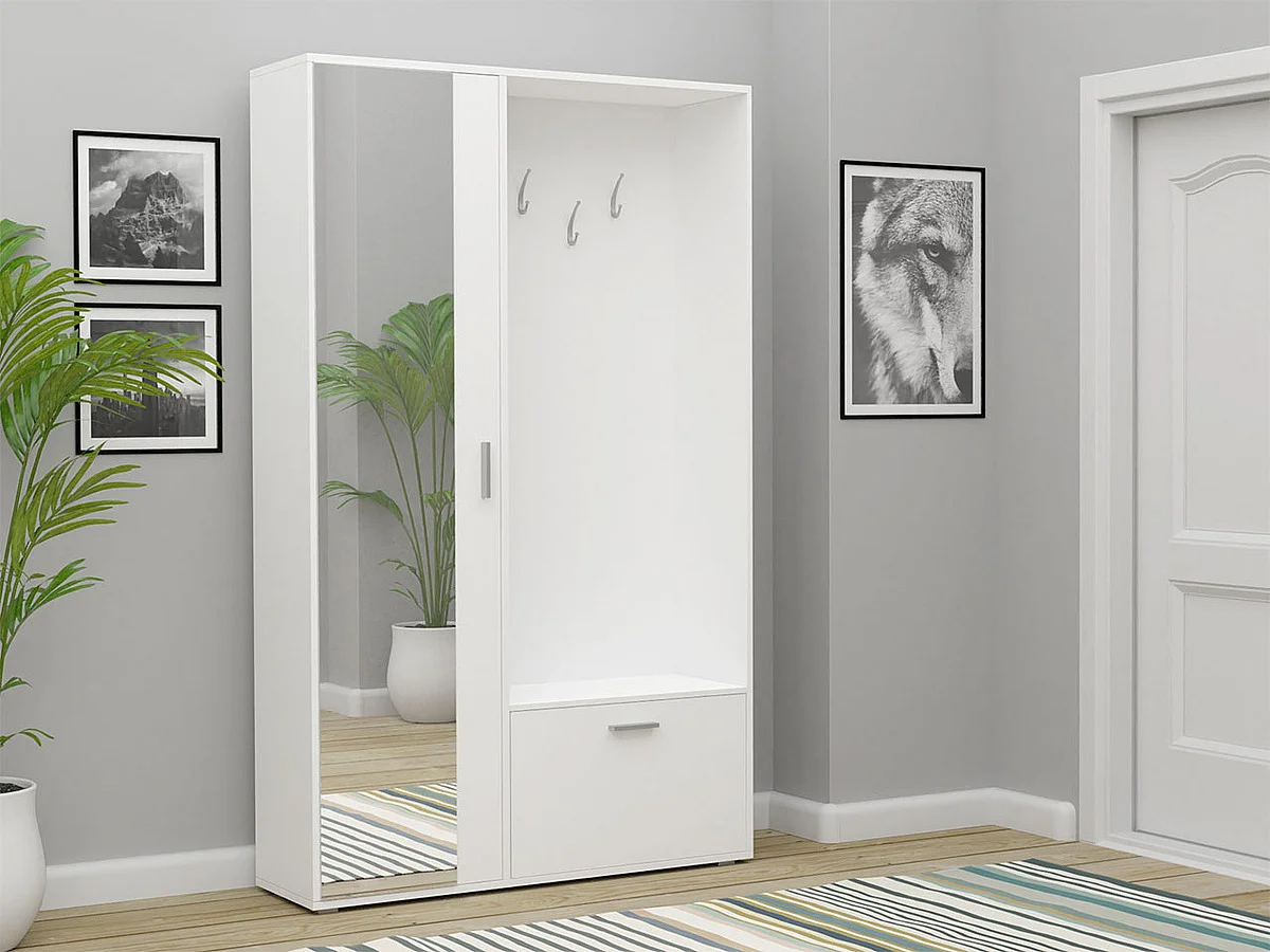 Meuble d'entrée Stanton 109, 196x120x33cm, Miroir, Blanc, Stratifié, À poser