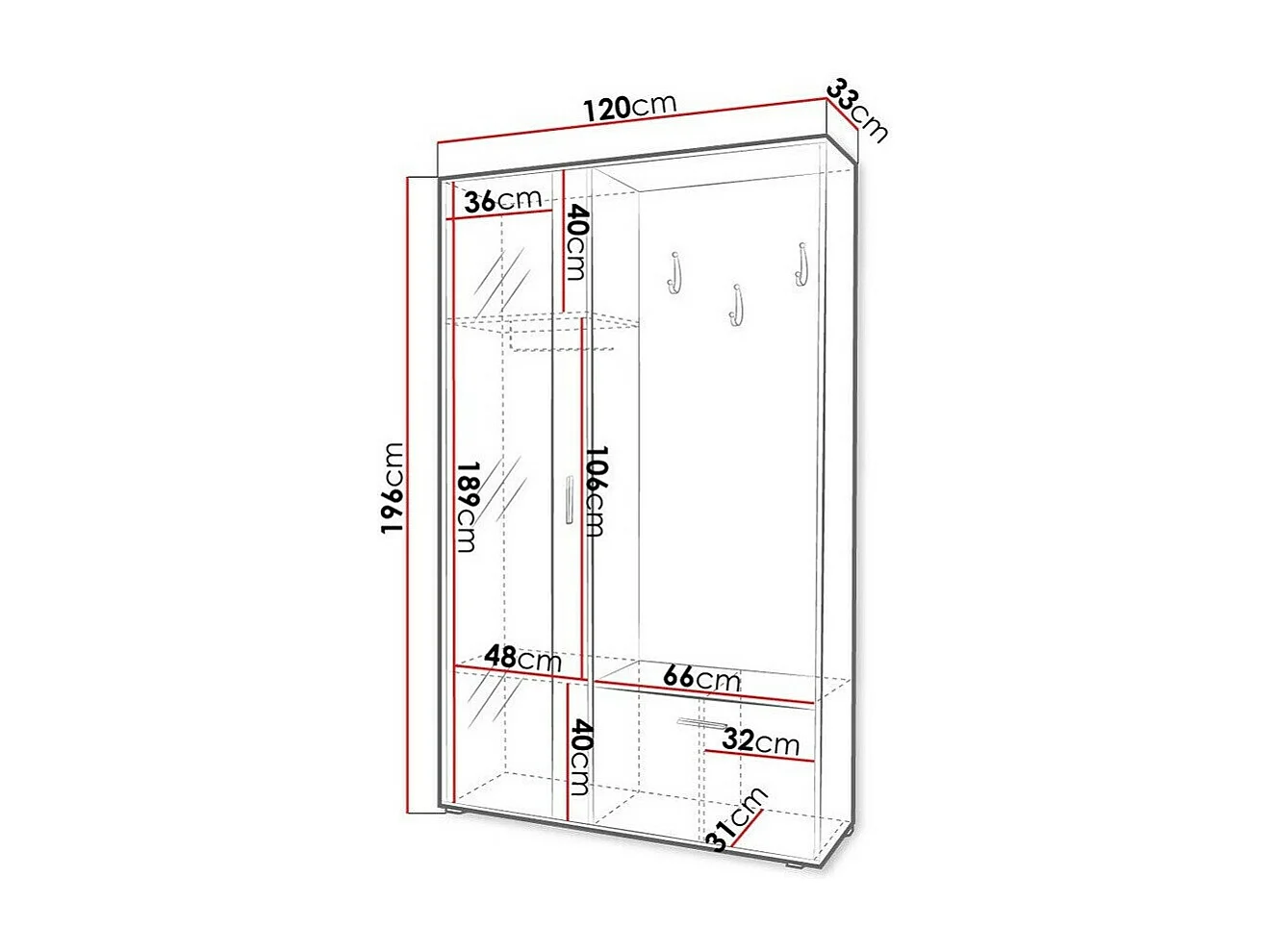 Meuble d'entrée Stanton 109, 196x120x33cm, Miroir, Blanc, Stratifié, À poser
