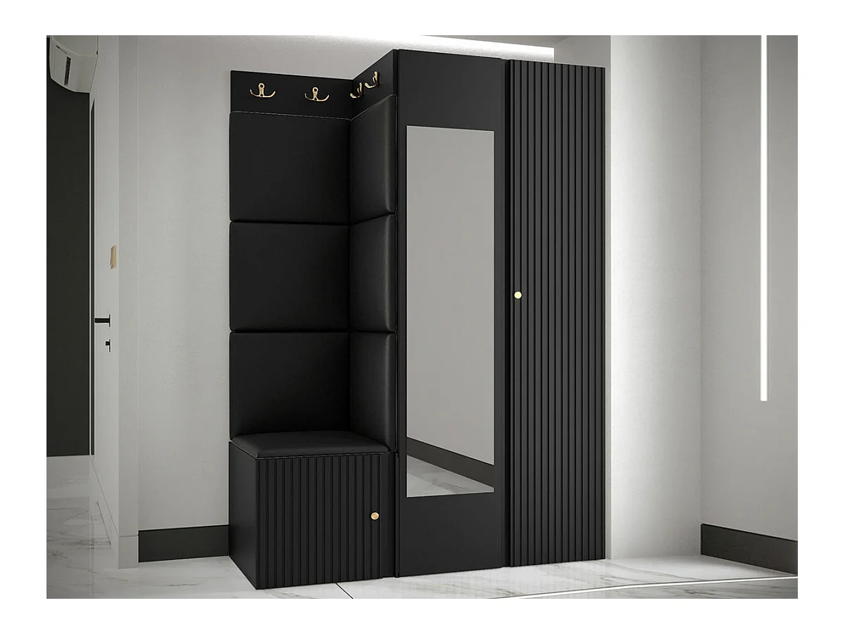 Meuble d'entrée Hartford 388, 186x116x46cm, Miroir, Noir, Stratifié|Faux cuir|MDF