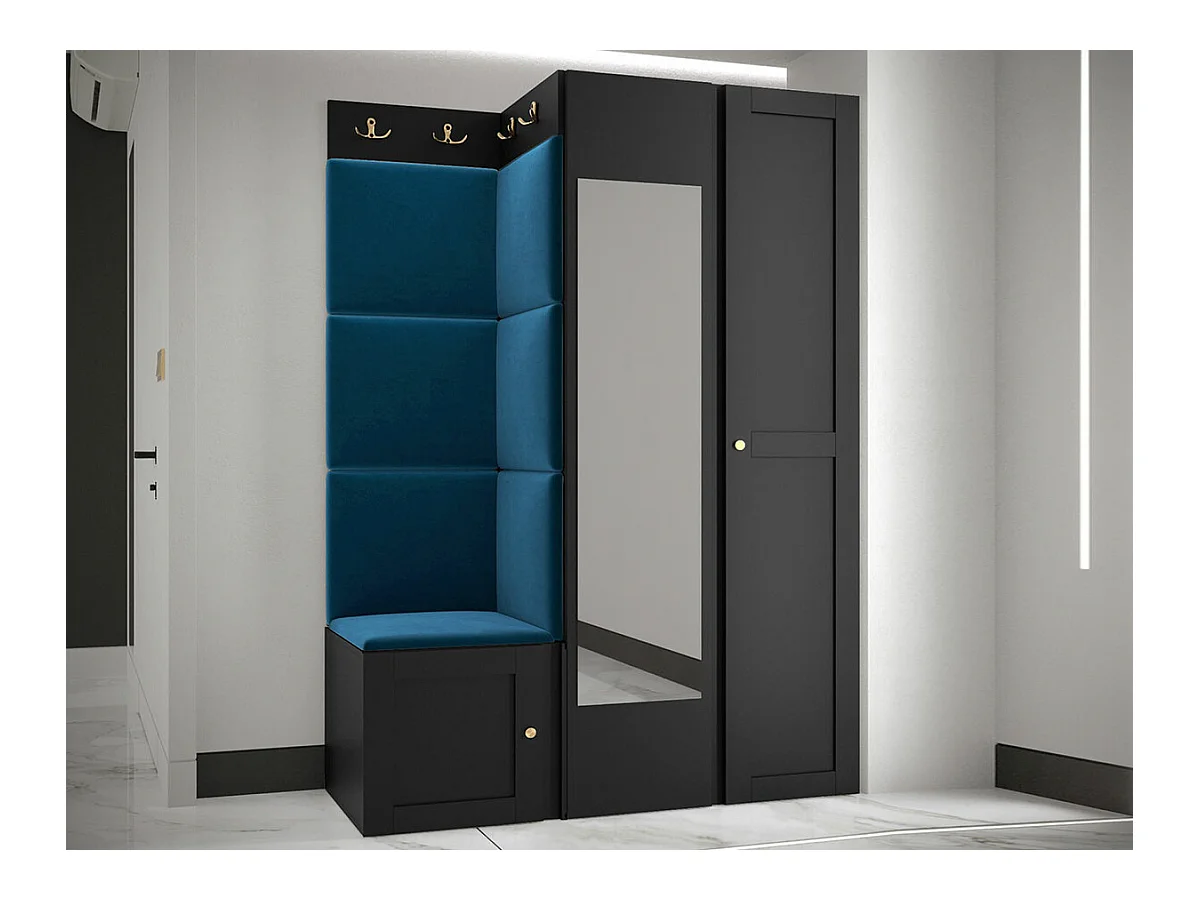 Meuble d'entrée Hartford 380, 186x116x46cm, Miroir, Bleu|Noir, MDF|Stratifié|Tapisserie