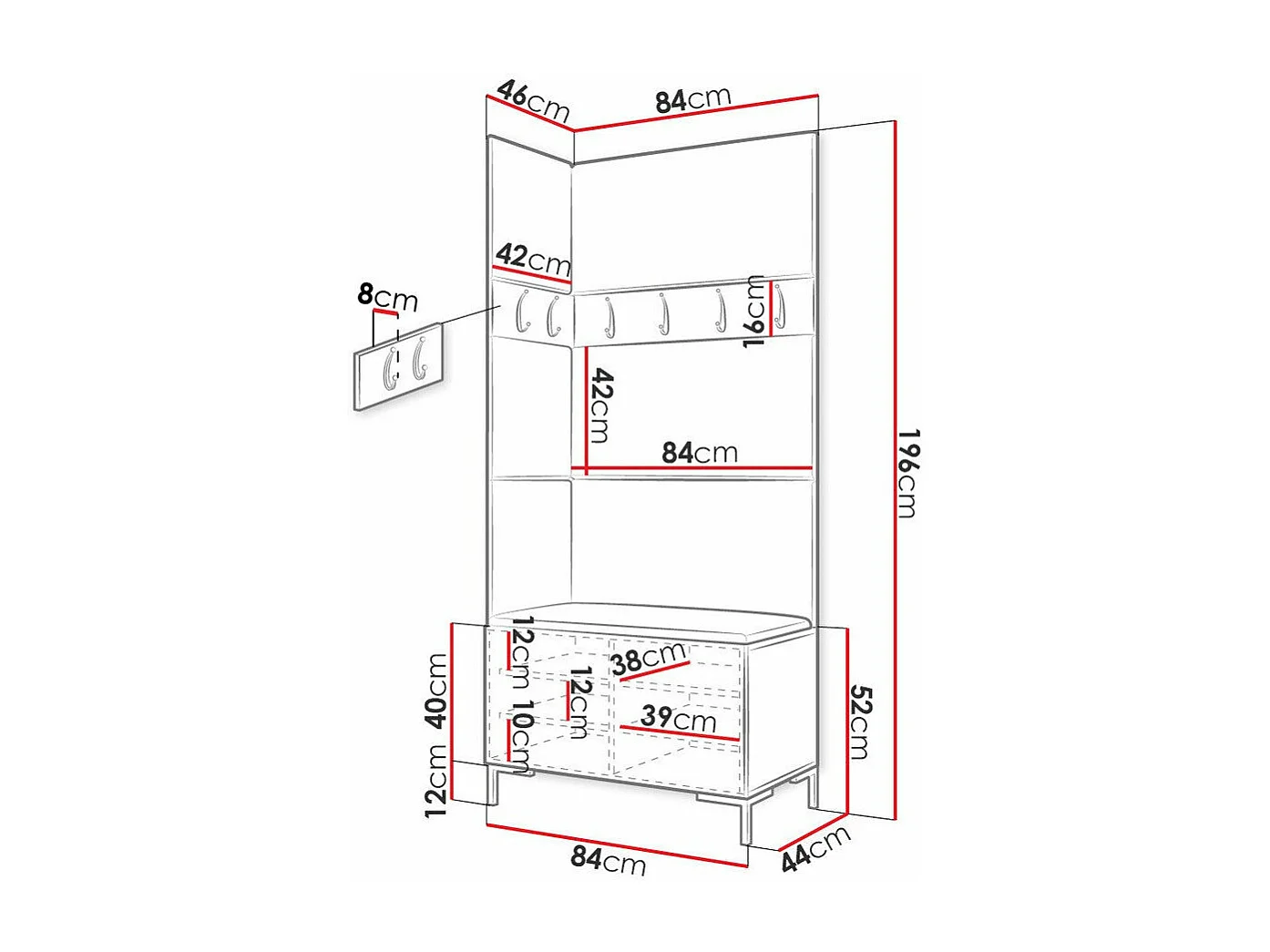Meuble d'entrée Tivsoa 103, 196x84x46cm, Craft chêne, Stratifié|Tissu, À poser|Murale