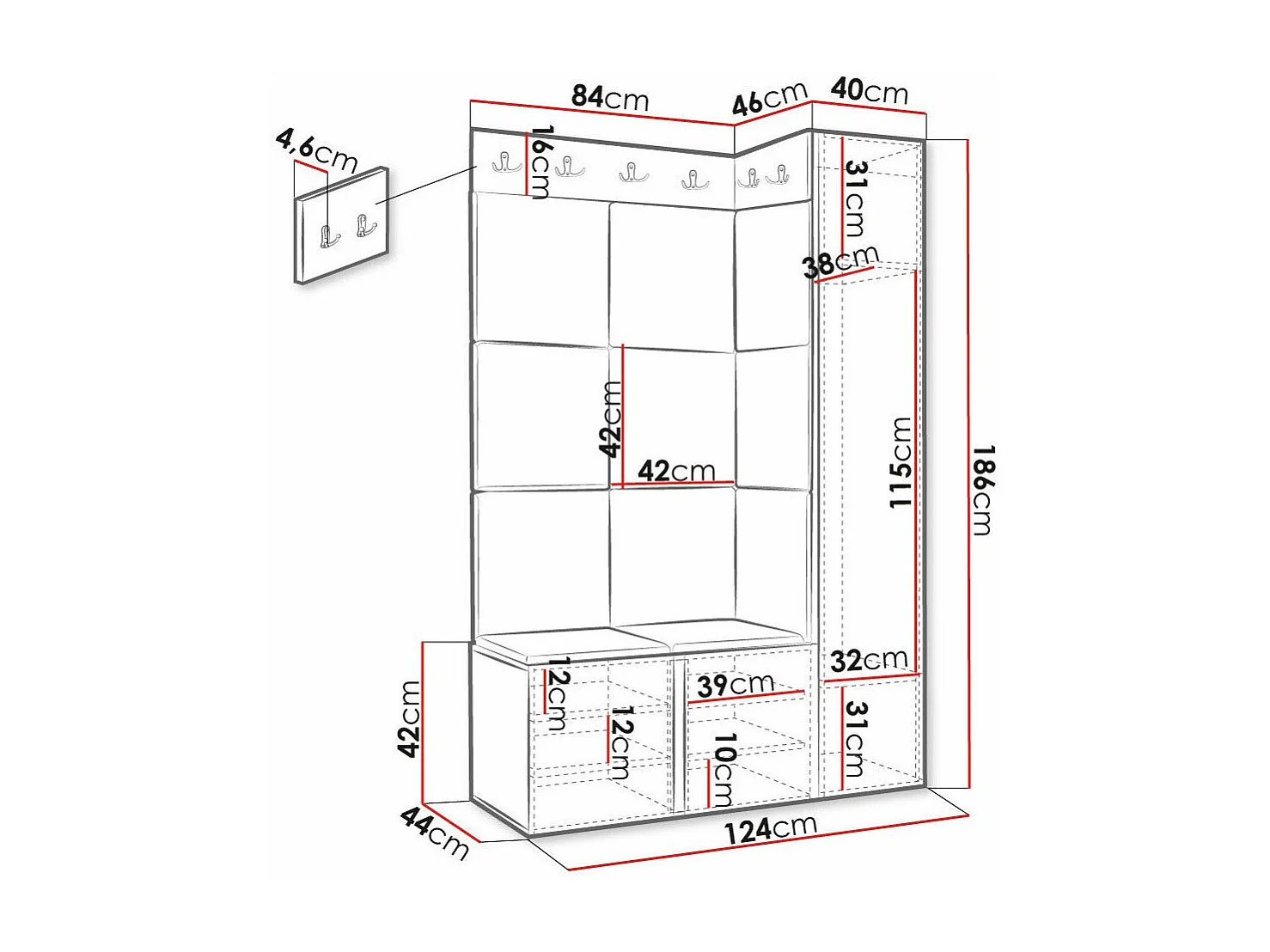 Conjunto pasillo Hartford 377, 186x124x46cm, Negro|De color marrón claro