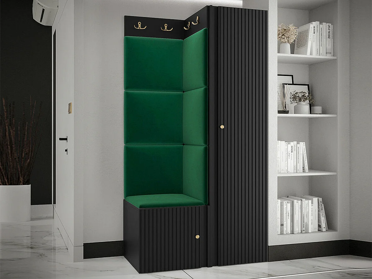 Meuble d'entrée Hartford 390, 186x82x46cm, Noir|Vert, Stratifié|Tissu|MDF, À poser|Murale