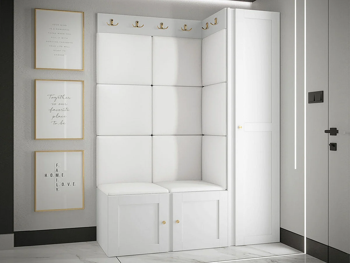 Meuble d'entrée Hartford 377, 186x124x46cm, Blanc, MDF|Stratifié|Faux cuir