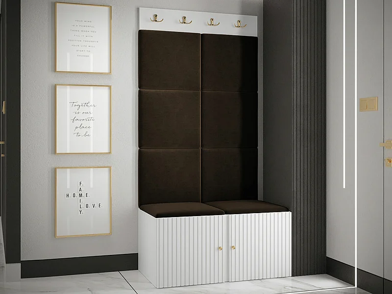 Meuble d'entrée Hartford 383, 186x84x46cm, Marron|Blanc, MDF|Stratifié|Tissu