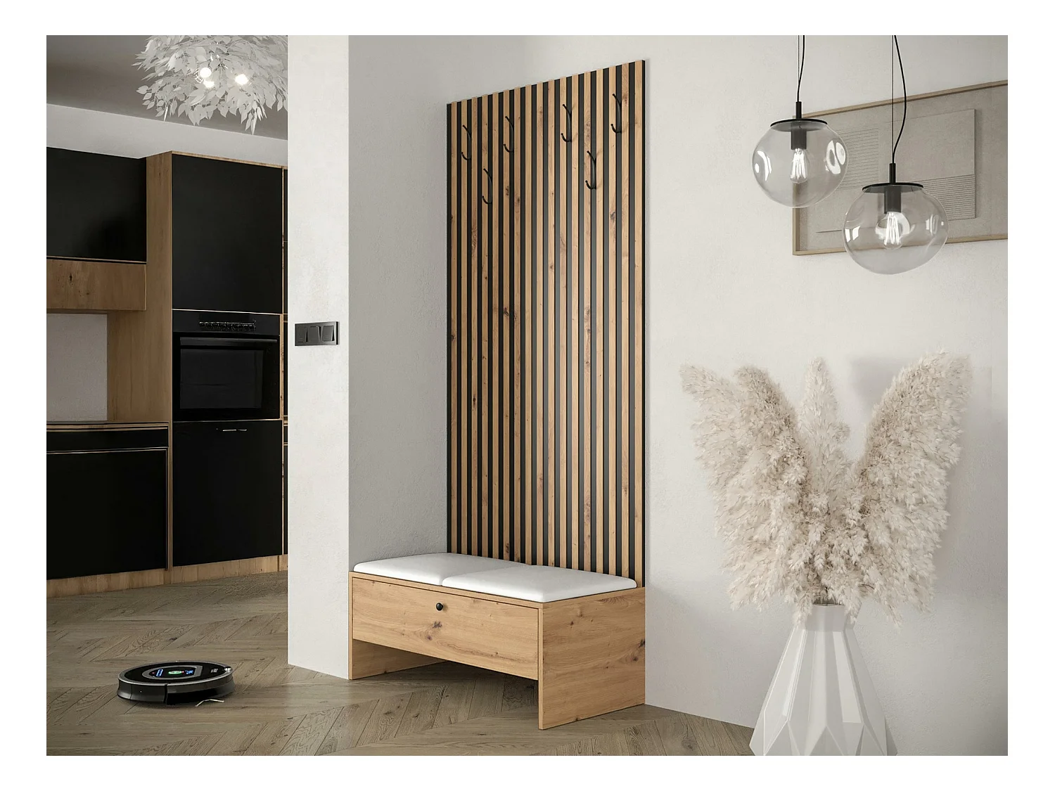Set mobili da ingresso Hartford 321, 206x85x44cm, Rovere Artisan|Nero, Da terra
