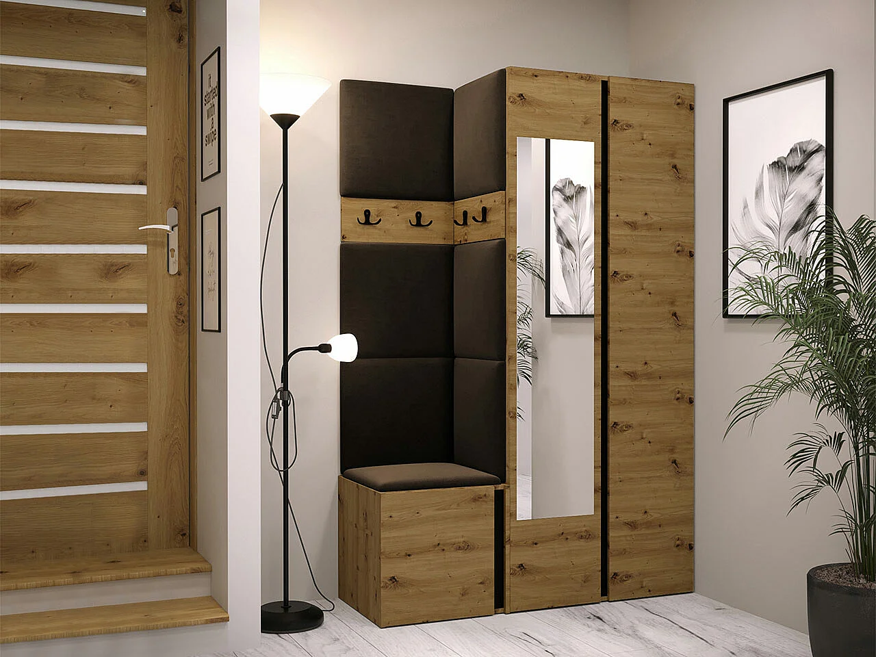 Meuble d'entrée Hartford 350, 186x116x44cm, Disponible, Chêne Artisan|Marron