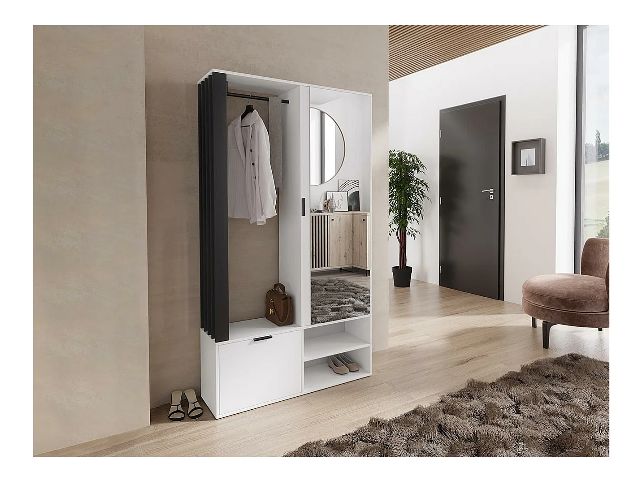 Meuble d'entrée Stanton 145, 190x100x33cm, Miroir, Blanc|Noir, Stratifié, À poser