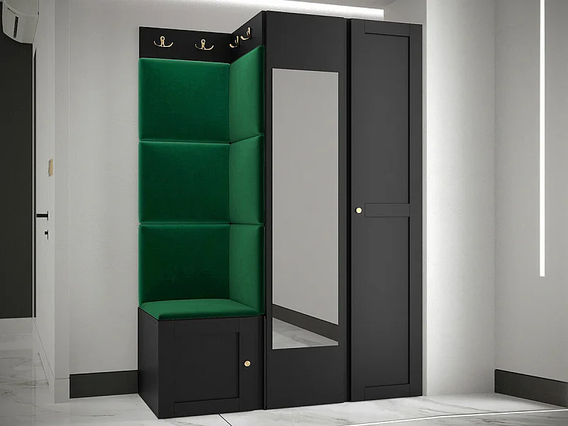 Meuble d'entrée Hartford 380, 186x116x46cm, Miroir, Noir|Vert, Stratifié|Tapisserie|MDF