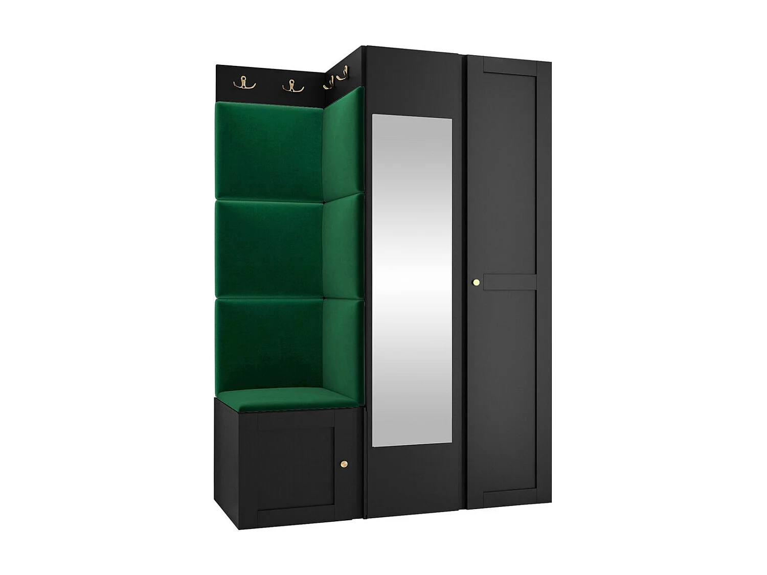 Meuble d'entrée Hartford 380, 186x116x46cm, Miroir, Noir|Vert, Stratifié|Tapisserie|MDF