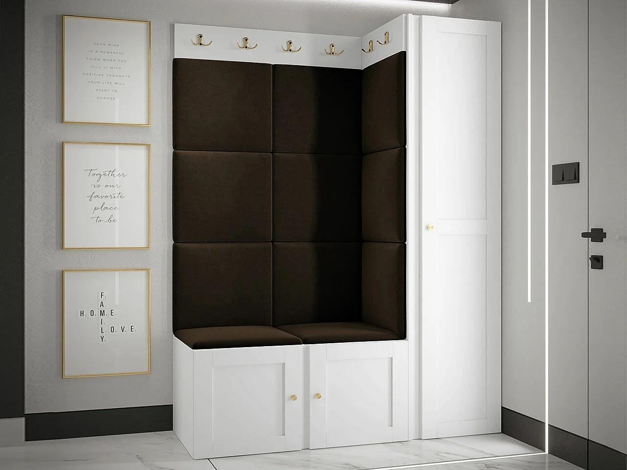 Meuble d'entrée Hartford 377, 186x124x46cm, Marron|Blanc, Stratifié|Tapisserie|MDF